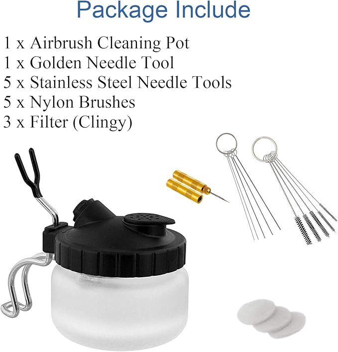 Airbrush Cleaning kit Glass Cleaning Pot with holder,Wash Cleaning Tools,5 Nozzle cleaning Needles and Brush,1 Golden Needle,Dredging Needles Kit for Airbrush Cleaning Repair