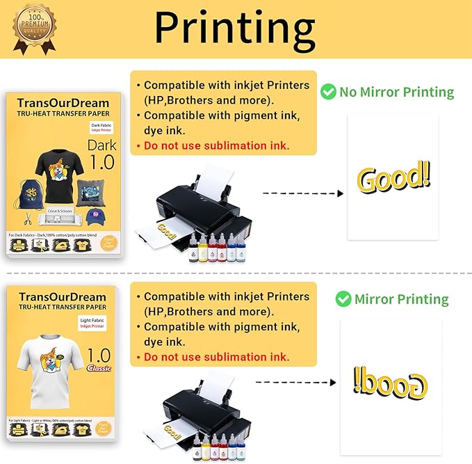 TransOurDream Heat Transfer Paper for Dark and Light Fabric (5+5 Sheets, 8.5x11, Mix Pack) Printable HTV Heat Transfer Vinyl for T Shirts Iron on Transfers for Inkjet Printer (D1L1)