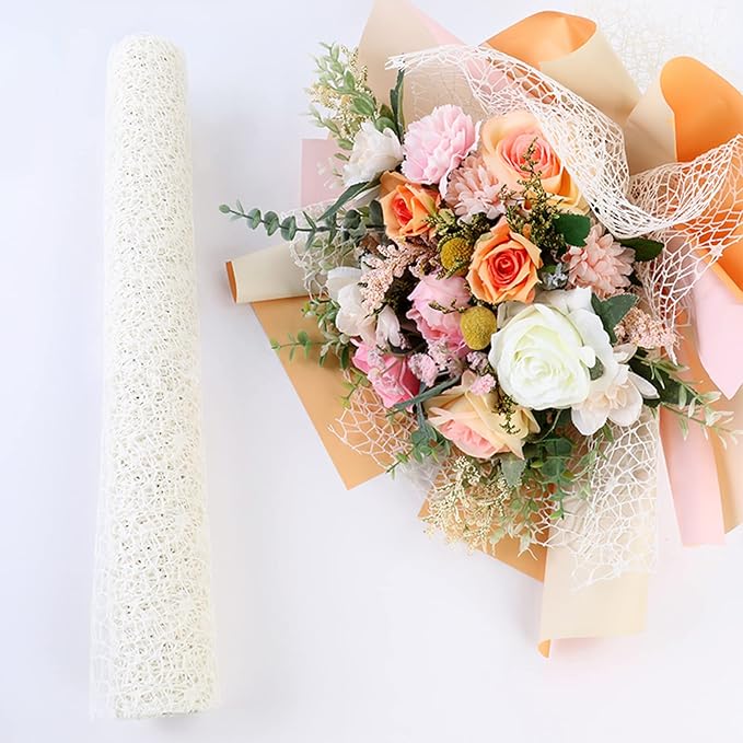 Korean Jacquard Net Mesh Openwork Floral Wrapping Paper 1 Roll Florist Supplies Flower Bouquet Wrapping Paper Floral Supplies for Fresh Flowers, 50cm x 5 Yard (White)