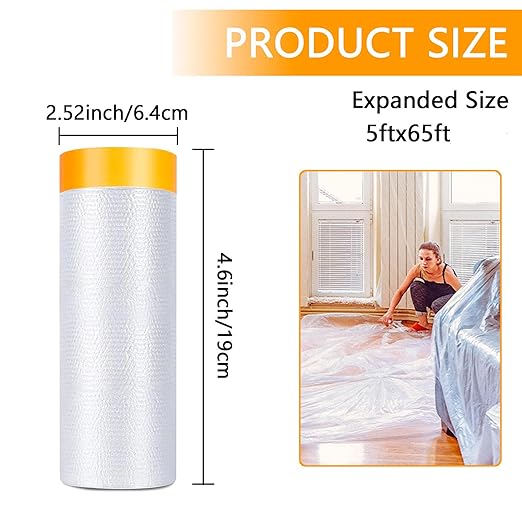 Painters Plastic with Tape 59inx65ft,Pre-Taped Masking Film Automotive Tape and Drape,Tear-Resistant Plastic Painting Film for Car Painting & Home Renovation (4 Rolls)
