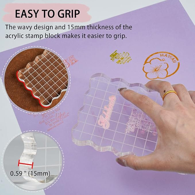Sanfurney 1 Piece Acrylic Stamp Block, 15mm Thick, Clear Stamping Tool with Grid Lines Decorative Stamp Block for Scrapbooking Crafts Card Making