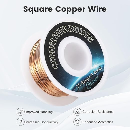 20 AWG Square Copper Wire - 0.8x0.8mm Thin Craft Wire, 30ft - Fine Jewelry, Wire Crochet, and Micro Electronics