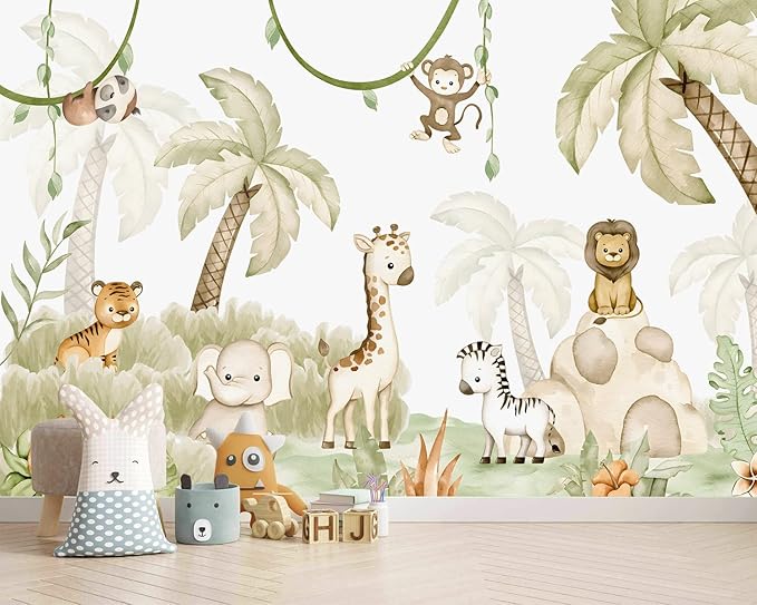 AFZEVEB-Safari Wallpaper Watercolor Animal Nursery Wall murals for Kids Room 182"x120"(Not Peel and Stick)