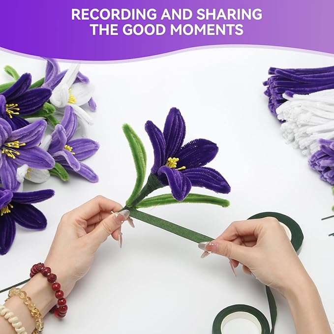 400PCS Purple Pipe Cleaners Bulk – 4 Colors Chenille Stems for Crafts, DIY Art Supplies, Fuzzy Sticks for Crafting Flowers, Wedding & Valentine's Day Decorations, Kids School Craft Kit