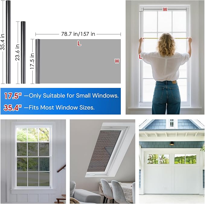 Homein One Way Privacy Window Film with Tool Window Tint for Home See Out Not in Heat Control Sun Blocking Mirror Reflective Anti UV Covering Static Cling No Glue Black-Sliver 35.4 x 157.4 inch