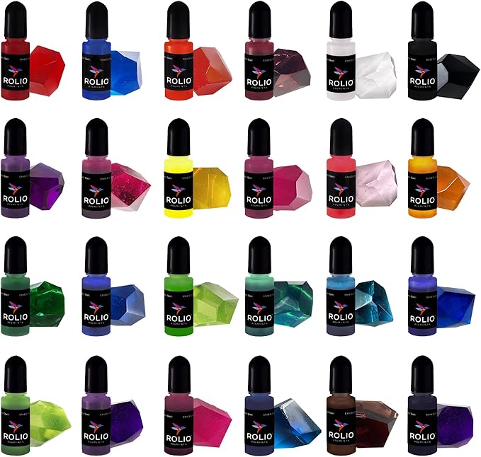 Rolio Pigments Resin Liquid Pigment Translucent Colors - 24 Vibrant Colors for Epoxy Resin, Jewelry Making, Acrylic Paint, Art, DIY Crafts Production, Garment Accessories - 0.33 oz/10 ml Each