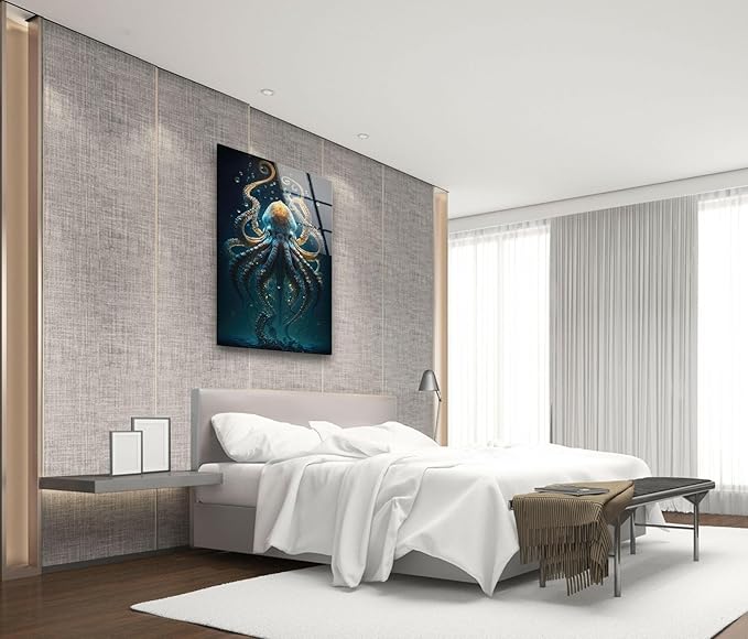My Photostation.com 40WX60H'' Underwater Blue Octopus Glass Wall Art Tempered Glass Printing Wall Decor Large Wall Art Wall Hangings