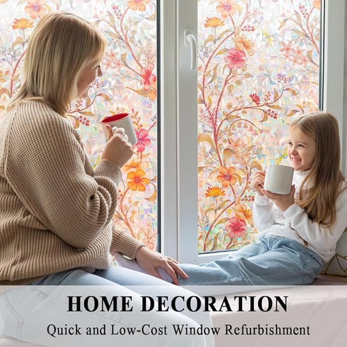 Stained Glass Window Film Static Cling Door Privacy Film Decorative Flowers Red Leaves Window Decals Stickers Heat Control Anti UV for Home and Office,17.5 inches by 157 inches