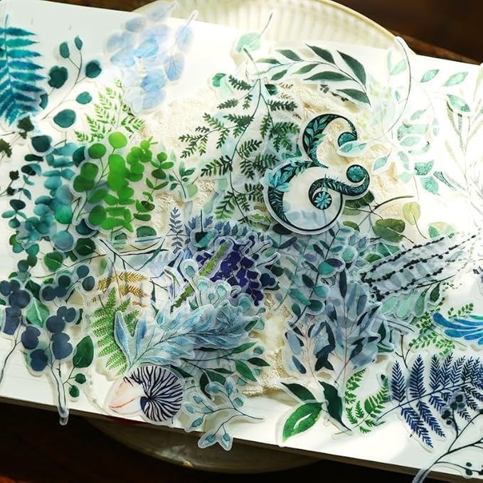 Vintage Vellum Stickers Floral Plants Elements Scrapbooking Supplies Flowers Botanic Natural Translucent Paper Self-Adhesive Junk-Journal Items (Eucalyptus)