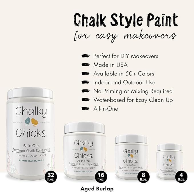 Chalky Chicks All-in-One Chalk Paint for Furniture or Cabinet - 8 Fl Oz - Matte Finish Aged Burlap White for Metal, Wood Furniture Paint - No Sanding All-in-One for Home Decor & Crafts, USA Made