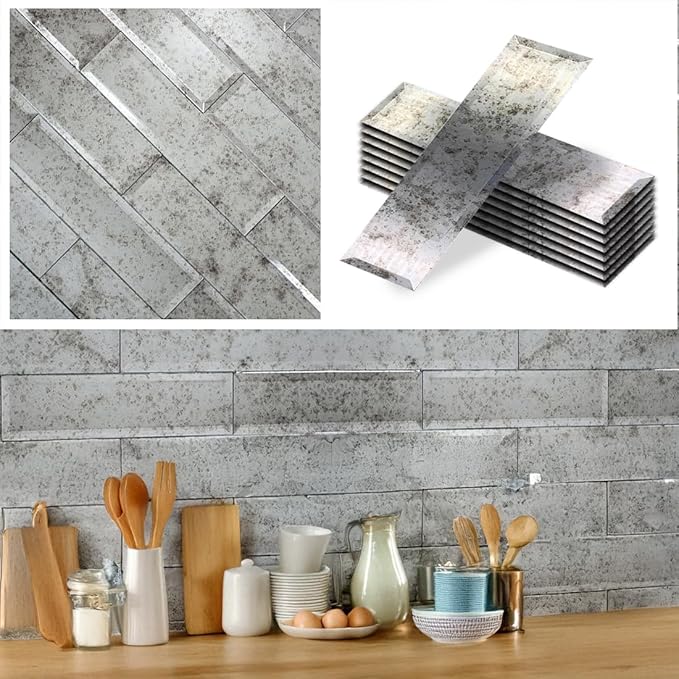 Antique Mirror Beveled Glass Subway Tile 3x12 Inch - 1 Sample Tile - Luxurious Bathroom & Kitchen Backsplash - Antique Mirrored Wall Tiles - Home Improvement - NOT Peel & Stick Backsplash