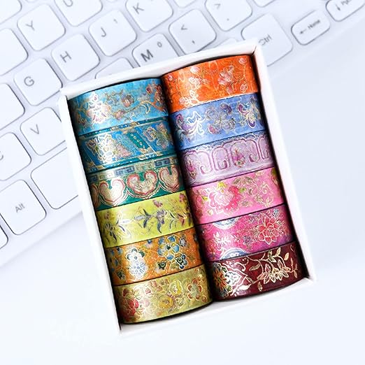 12 Rolls Vintage Washi Tape Set, Gold Foil Decorative Masking Tape for Scrapbooking, Bullet Journal, Planner, DIY Crafts, Gift Wrapping