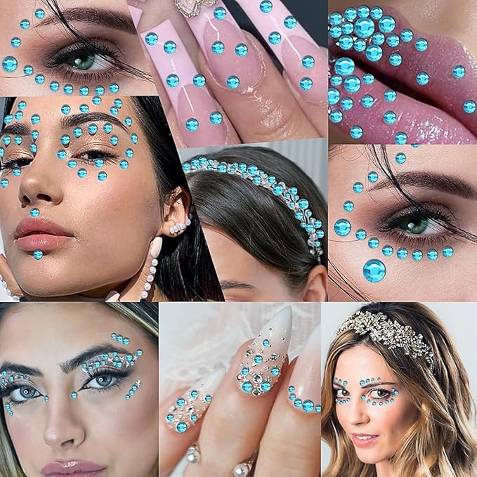 3090 Pcs 4 Sheets Rhinestone Stickers 3/4/5/6 mm Self Adhesive Craft Rhinestones Gems for Face Eyes Makeup Hair Body (Aquablue-3/4/5/6mm)