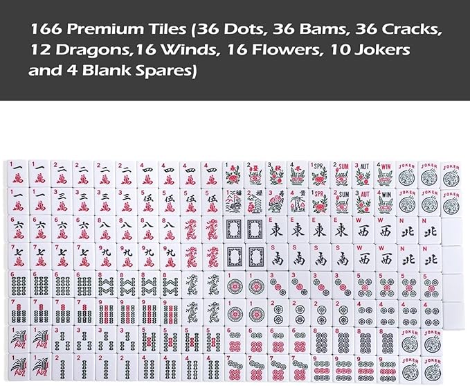 American Mahjong Game Set, 166 Quality White Tiles, 4 All-in-One Color Rack/Pushers, Mahjong Tile Set with Blue Printed Carrying Bag