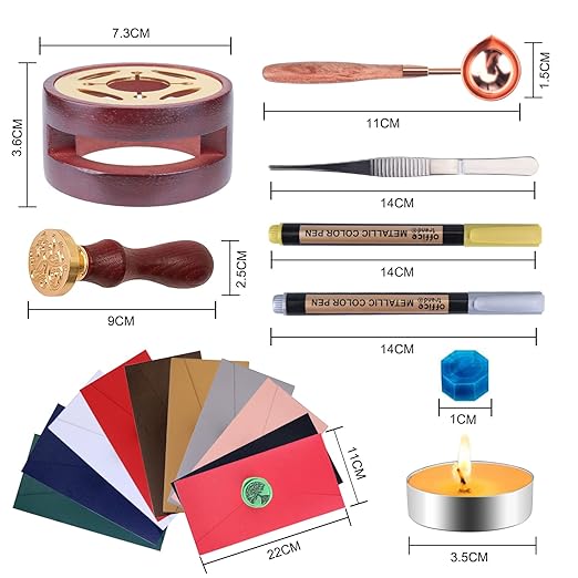 Aottom Wax Seal Stamp Kit with Gift Box, 24 Colors 650 Pcs Beads, Warmer, Envelopes, Candles, Stamp, Metallic Pen for Gift and Decoration