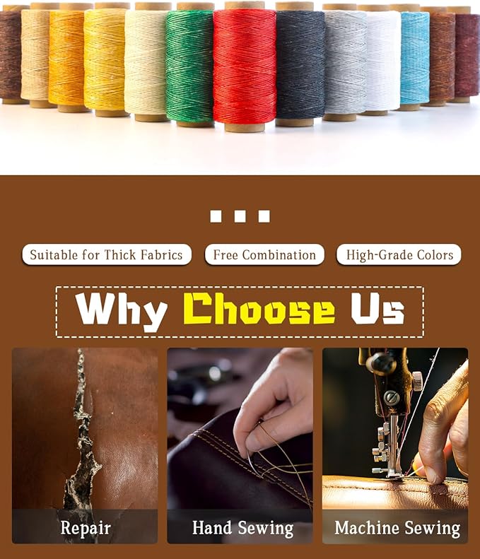 DIUDUS 218 Yards Upholstery Thread Heavy Duty, Waxed Leather Thread Sewing Kit with Heavy Duty Needles, Thread for Hand Sewing Leather Craft Repair Leather Shoes Bags Sofa (Red)