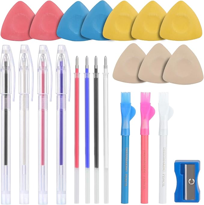 CampTek Tailors Chalk & Fabric Markers for Quilting - 10PCS Tailor's Chalk, 4PCS Heat Erasable Pens with 4 Refills, 3 PCS Sewing Fabric Pencils