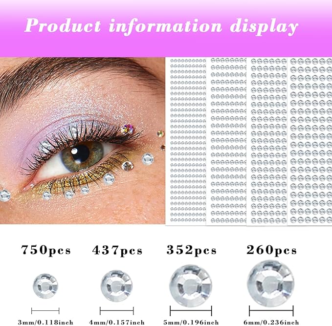 1799pcs Self Adhesive Face Gems Stickers, Hair Gems Rhinestones Stickers, Bling Jewels for Makeup, Crafts, Home Decor Scrapbooking Embellishments, 4 Sizes 3mm/4mm/5mm/6mm(Clear Rhinestones)