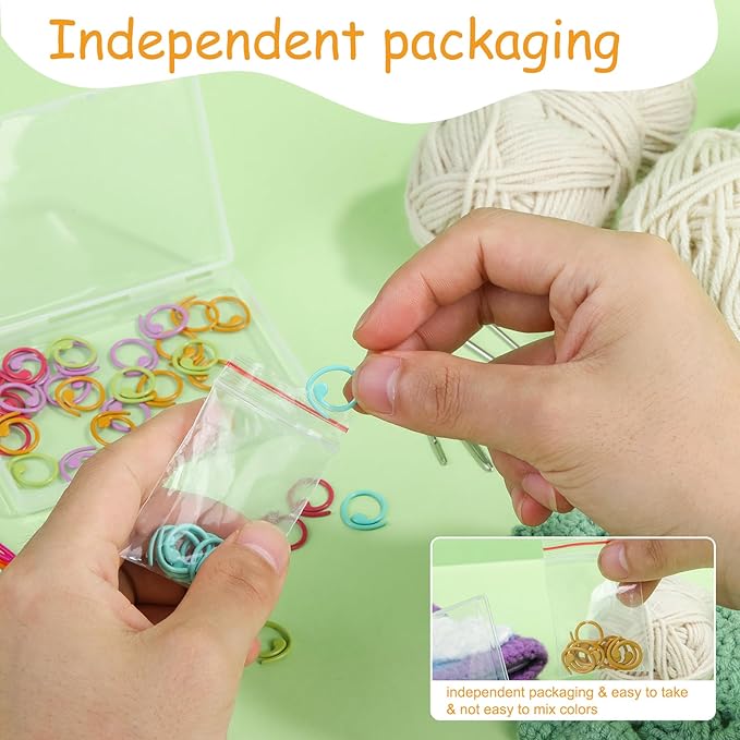 Lokunn 50 Pcs Metal Stitch Markers, 5 Color Helical-Shaped Crochet Markers Ring, 9 Pcs Large Eye Blunt Sewing Needles with Storage Box for DIY and Craft Sewing