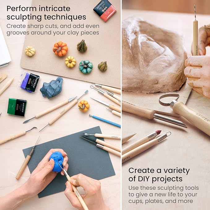 Arteza Pottery & Polymer Clay Tools, 42-Piece Sculpting Set, Steel Tip Tools with Wooden Handles, for Pottery Modeling, Smoothing, Carving & Ceramics