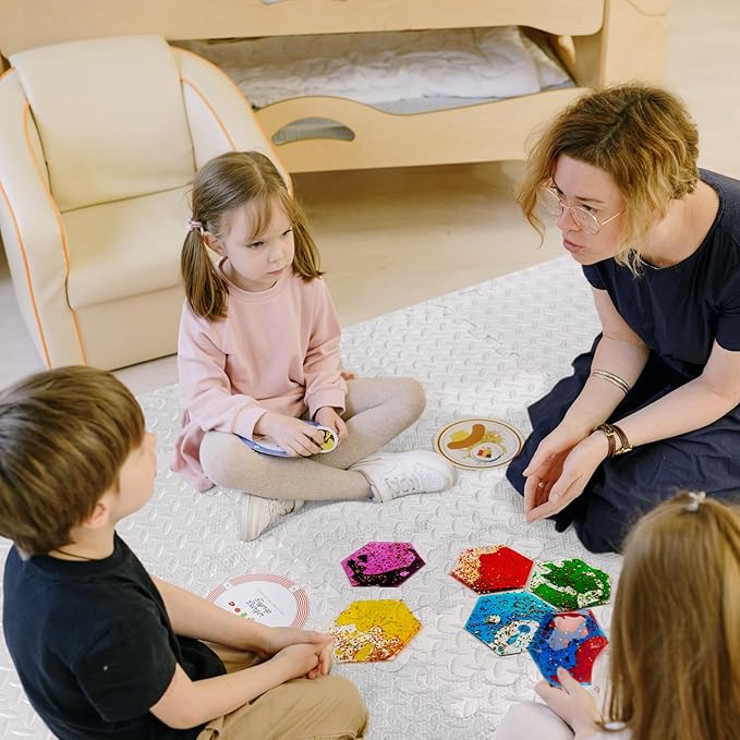 LONGKING 4-Pack Hexagon Liquid Tiles for Kids, Soft Gel Liquid Sensory Toys for Autistic Children, Sensory Mats, Sensory Toys for Toddlers 3-4