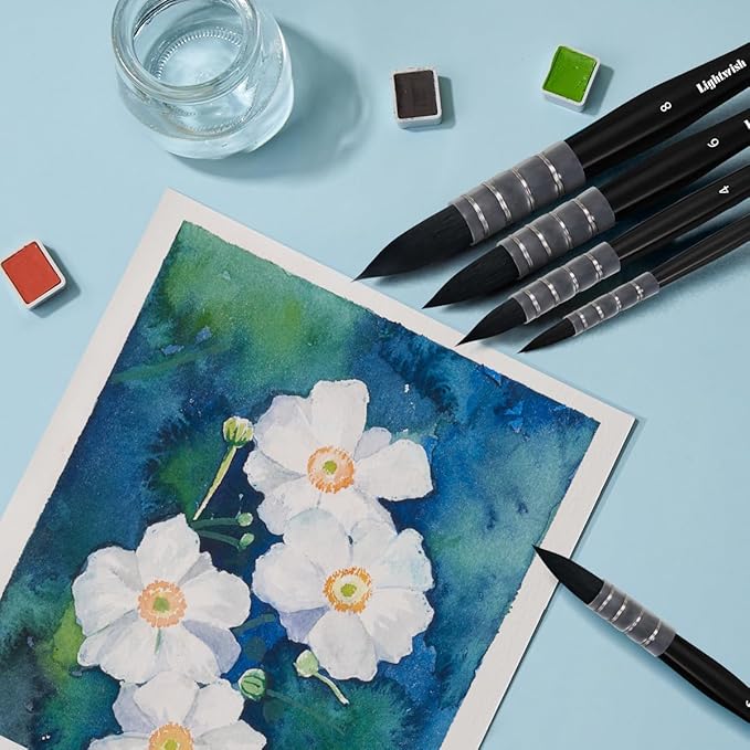 Lightwish Watercolor Brushes Set, Synthetic Squirrel Hair Paint Brushes Kit :#2#4#6#8 for Artists, Adults, and Hobbists, Pointed Round Mop Brush for Watercolor, Gouache,4 Pcs