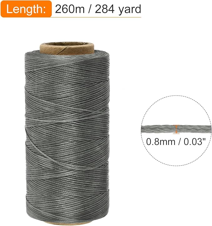 MECCANIXITY Waxed Thread,284 Yard 0.8mm 150D Flat Wax Thread Polyester Waxed String for Leather Sewing Hand Weaving Book Binding Home Decoration,Light Gray
