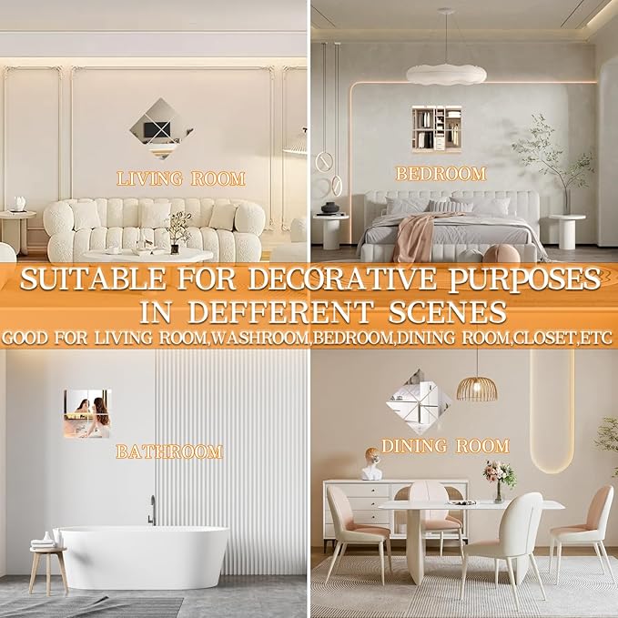 4PCS Self Adhesive Acrylic Mirror Tiles, Flexible Mirror Sheets Wall Stickers, Frameless Non-Glass Mirror Stickers Reflective Mirror for DIY Craft, Home Wall Decor (8 * 8 Inches, 2MM Thick)