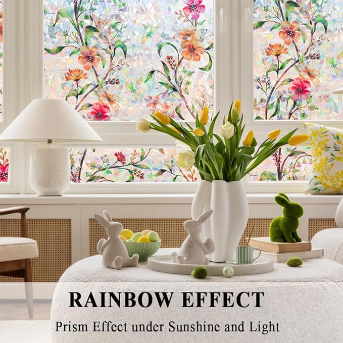 Stained Glass Window Film Static Cling Door Privacy Film Decorative Flowers Green Leaves Window Decals Stickers Heat Control Anti UV for Home and Office,45.2x157 in.