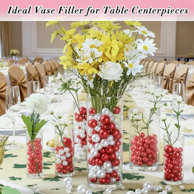 Pearl Beads No Hole Pearls for Crafting 180 Pcs Fake Pearls Faux Pearls for DIY Crafts Jewelry Making Vase Filler Floating Candle Wedding Birthday Party Home Decorations (Red & Ivory, 8/10/14/20mm)