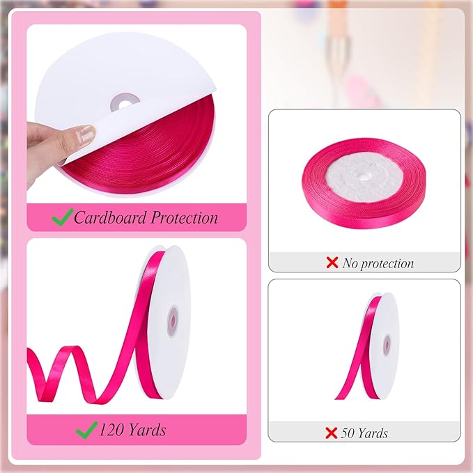 120 Yards Hot Pink Ribbon 3/8 Inch Thin Pink Satin Ribbon for Christmas Gift Wrapping Wedding Bride Bracelet Hair Bows DIY Crafts Bags Balloon String