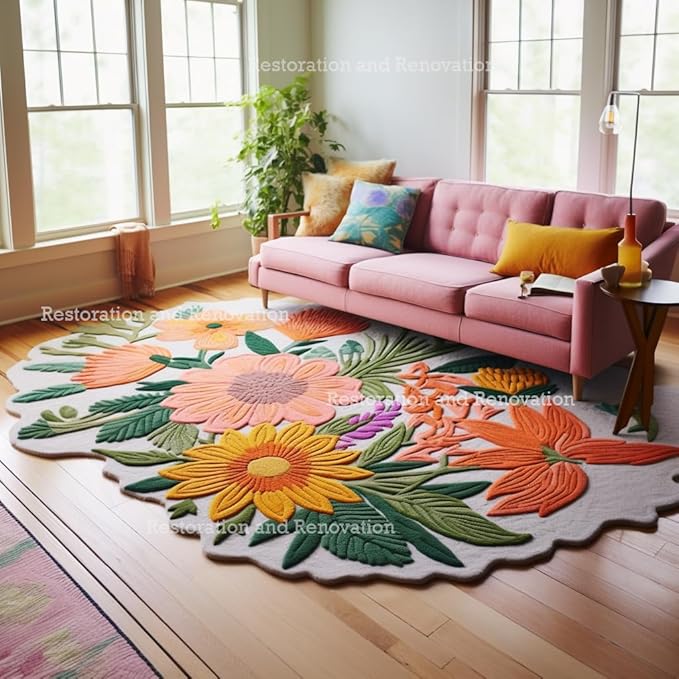 Handmade Wool Floral Area Rug for Living Room | Elegant Flower Garden Design, Soft, Thick and Durable | Bedroom, Dining Room & Home Decor Carpet (5' x 8', Floral G)