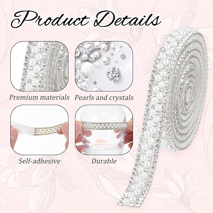 3 Rolls Pearl Rhinestone Ribbon Self Adhesive Pearl Crystal Strips Sticker Bling Pearls Strips Trims Diamond Pearls Tape for DIY Phone Clothing Crafts (3 Yard)