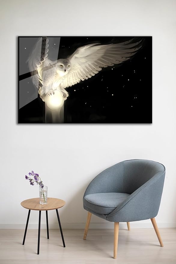 SpiritualHands White Owl Tempered Glass Wall Art Painting for Living Room, Tempered Glass Modern Prints Decor, Large Vivid Color Panel for Bedroom, Kitchen, or Office