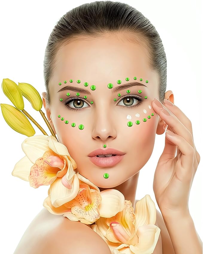 Self Adhesive Face Gems and Pearls for Makeup, Festival Jewels, Hair Gems Pearls, 3/4/5/6/8 mm Round Rhinestone Stickers for Face, Eye, Makeup, Body, Crafts 591Pcs (09_Light Green)