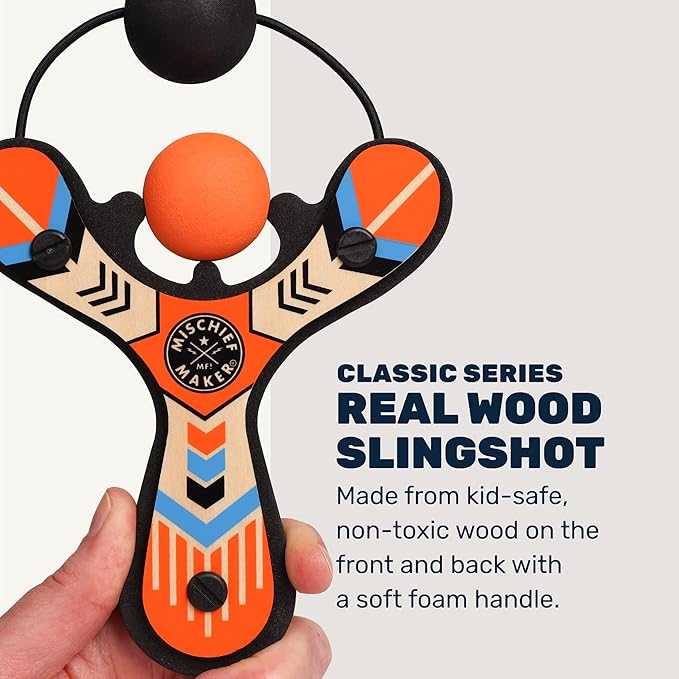 Mighty Fun! - Mischief Maker® Wooden Slingshot - Classic Series - Real Wood Slingshot for Kids, 4 Soft Foam Balls and Storage Bag - Ages 4+ (Orange)