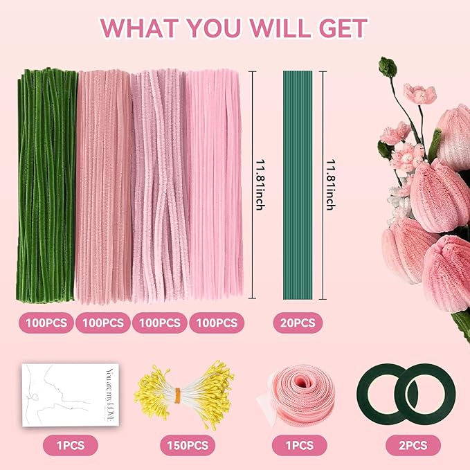 400PCS Pink Pipe Cleaners Bulk – 4 Colors Chenille Stems for Crafts, DIY Art Supplies, Fuzzy Sticks for Crafting Flowers, Wedding & Valentine's Day Decorations, Kids School Craft Kit