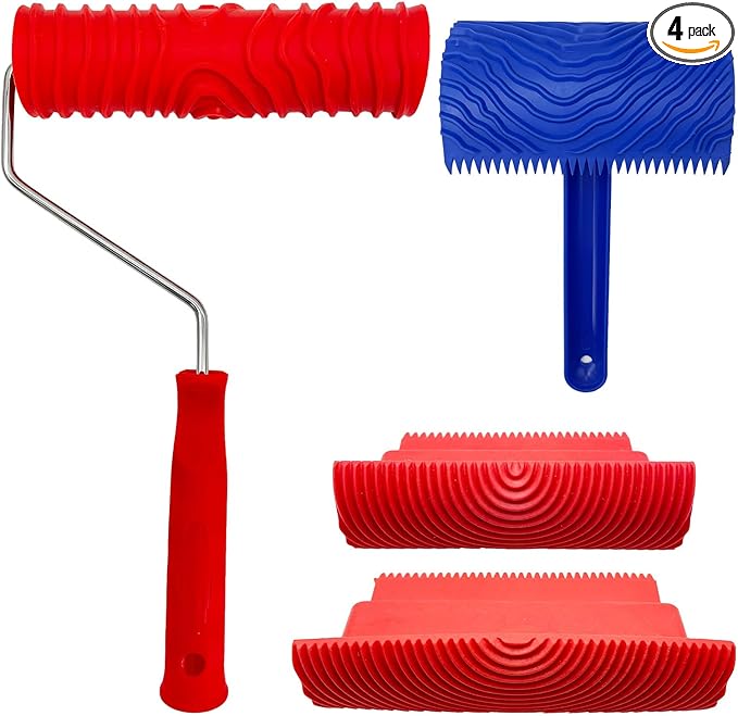 4-Pack Wood Grain Tool, Wood Graining Roller Painting Tool with Handle, Rubber Empaistic Wood Texture Painting Tool Set for DIY Wall Room Art Paint Decoration