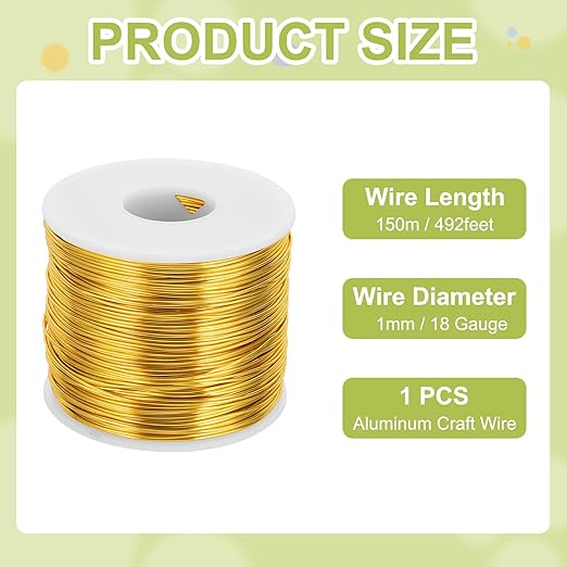 MECCANIXITY 18 Gauge Anodized Aluminum Craft Wire Bendable Bonsai Training Wire 492 Feet 1mm for Sculpting Crafts Wreath Floral Beading Jewelry Making, Gold Tone
