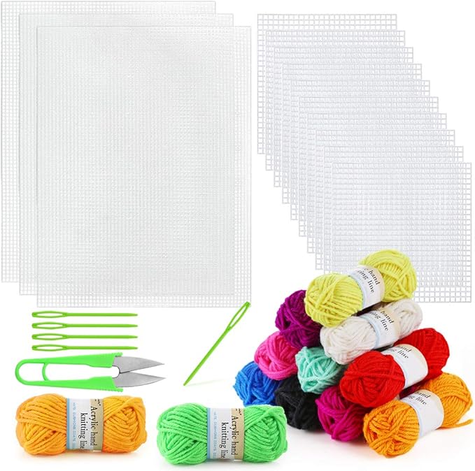 Pllieay 33-Piece Mesh Canvas Kit: 15 Clear Canvas, 12 Colors, Acrylic Yarn & Embroidery Tools for Plastic Craft