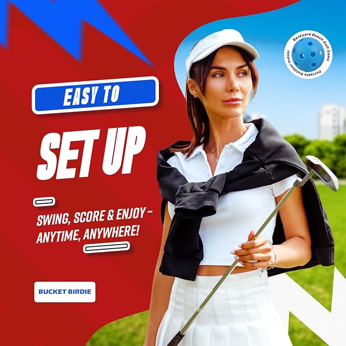 Bucket Birdie Backyard Golf Game — 9 Hole Bucket Golf Yard with Adjustable Clubs, Flags, Balls, Turf Mats, and Carry Bag — Outdoor Golf Game