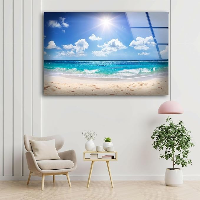 My Photostation.com Round 24'' Summer Beach Landscape Glass Wall ArtTempered Glass Printing Wall Decor Large Wall Art Wall Hangings