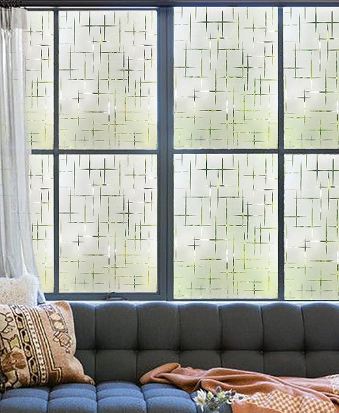 NINETREX Frosted Window Privacy Film,Window Cling Privacy Film, Decorative Glass Static Cling Non-Adhesive Vinyl Removable for Home Office Cross Pattern,11.8 x 78.7Inches