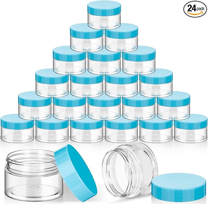 SATINIOR 24 Pieces Empty Clear Plastic Jars with Lids Round Storage Containers Wide Mouth for Beauty Product Cosmetic Cream Lotion Liquid Butter Craft and Food(Blue Lid,1 oz)