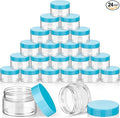 SATINIOR 24 Pieces Empty Clear Plastic Jars with Lids Round Storage Containers Wide Mouth for Beauty Product Cosmetic Cream Lotion Liquid Butter Craft and Food(Blue Lid,1 oz)