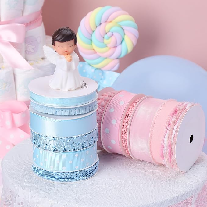 LaRibbons Light Blue Ribbons for Crafts 6 Rolls 28.5 Yards TTL Thin Ribbon for Baby Shower Sewing Gift Wrapping Home Decor