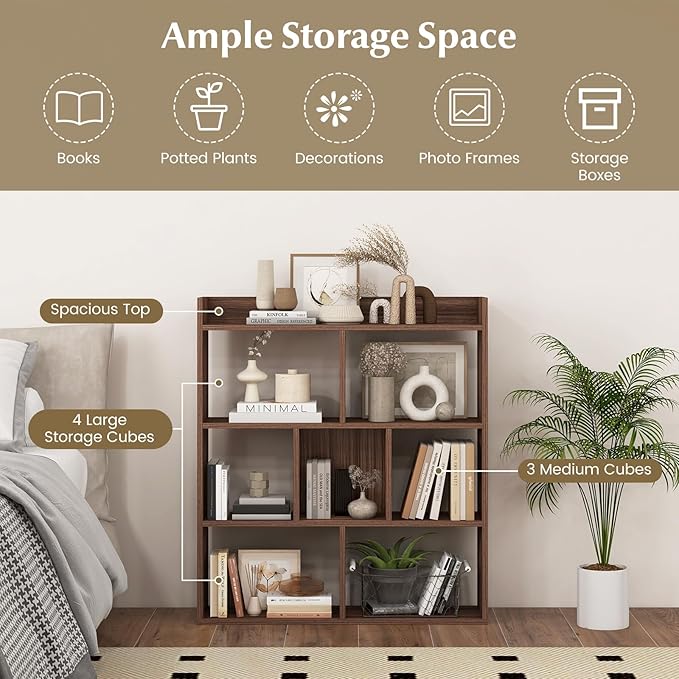 Giantex 7 Cube Bookshelf of 2, Free-Standing Wooden Bookcase, 4 Tier Home Display Shelf, Horizontal Storage Unit w/Anti-Toppling Devices, Open-Back Display Rack for Study, Living Room, Walnut