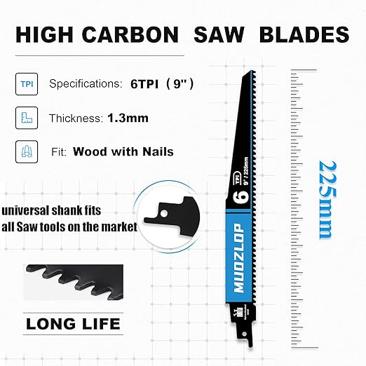 5 Pack 9 inch Reciprocating Saw Blades Set， 6 TPI High Carbon Saw Blades for Wood with Nails，Saw Blades with Organizer Case (5, 6T/9inch)