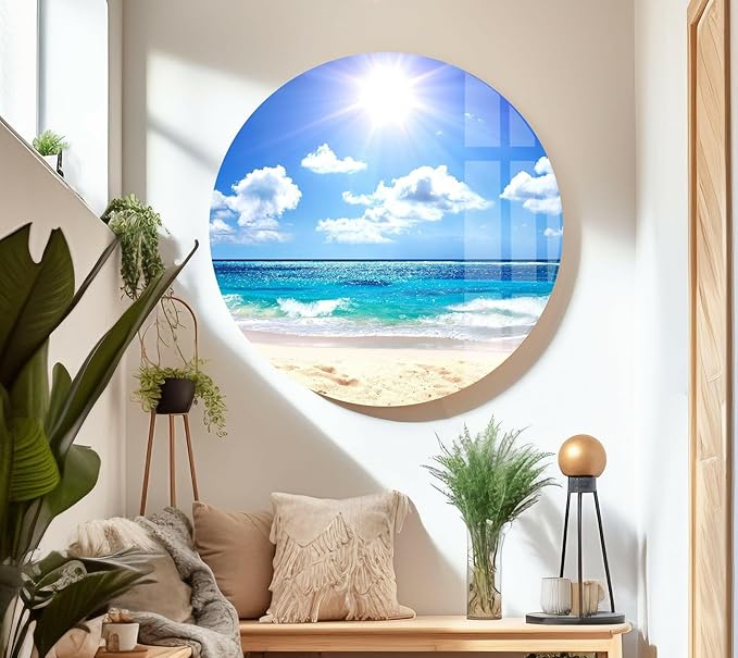 My Photostation.com 30Wx24H'' Summer Beach Landscape Glass Wall ArtTempered Glass Printing Wall Decor Large Wall Art Wall Hangings