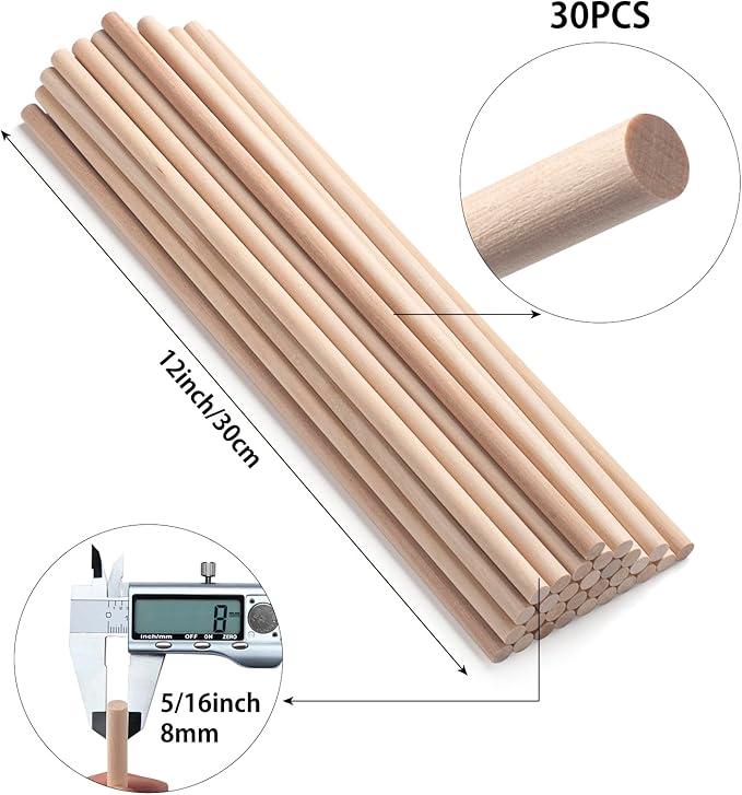 Wooden Dowel Rods Wood Dowels for Crafts,30 PCS 5/16 x 12 Wooden Sticks for Crafts, Round Macrame Dowels, Unfinished Hard Wood Sticks for Crafting, Arts and DIYers, Crafting, Tiered Cake Support